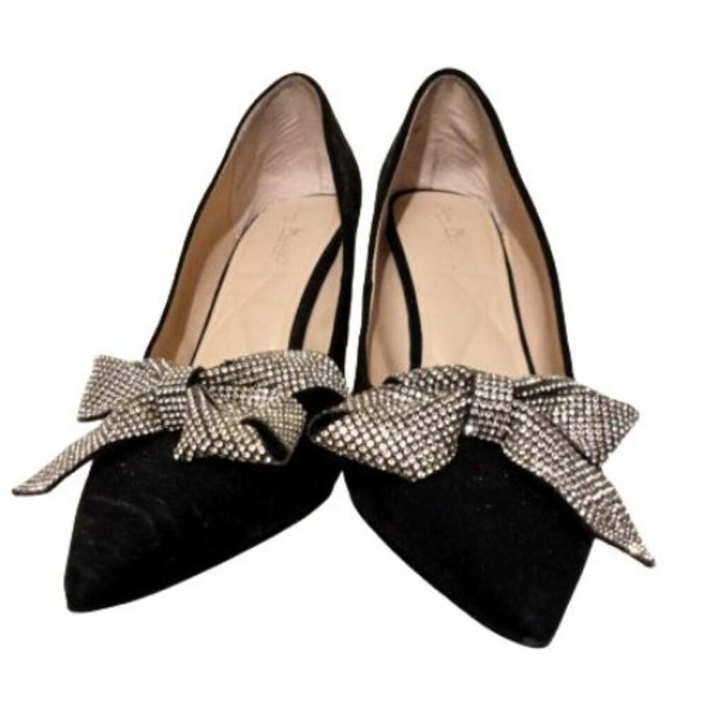 Anne Michelle Rhinestone Oversized Bow Katie Heels Pointed Toes. (Black/Silver)